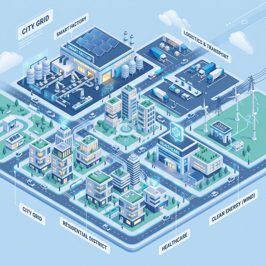 Isometric City Skyline representing various industries